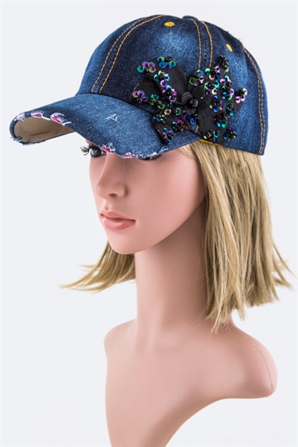 LA JEWELRY PLAZA, Sequins Flower Bow Denim Cap, 128-35018-MF144-MS-END