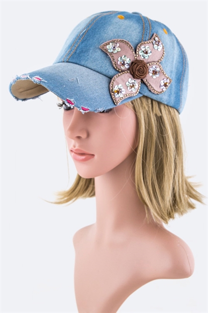 LA JEWELRY PLAZA, Sequins Flower Bow Denim Cap, 128-35018-MO018
