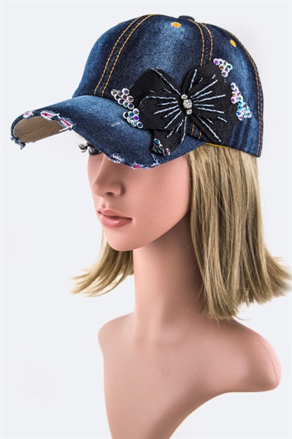 LA JEWELRY PLAZA, Crystal  Sequins Bow Denim Cap, 128-35018-MF071