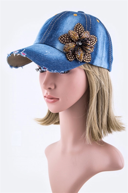 LA JEWELRY PLAZA, Bead  Sequins Flower Denim Cap, 128-35018-MF060