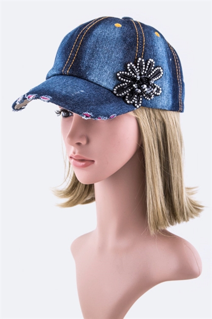 LA JEWELRY PLAZA, Beaded Flower Denim Cap, 128-35018-MF069/MB032
