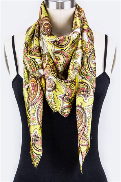LA JEWELRY PLAZA, Paisley  Square Silk Scarf, 98-M001-YELLOW/MC001