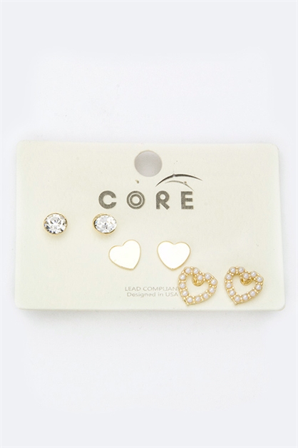 LA JEWELRY PLAZA, Pearl  Metal Heart Studs Set, 18-EE2365/AE138