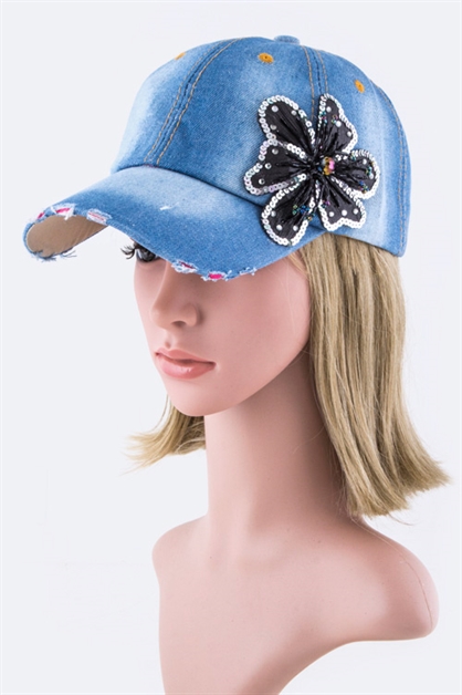 LA JEWELRY PLAZA, Sequins Flower Denim Cap , 128-35018-MF134-MS-END