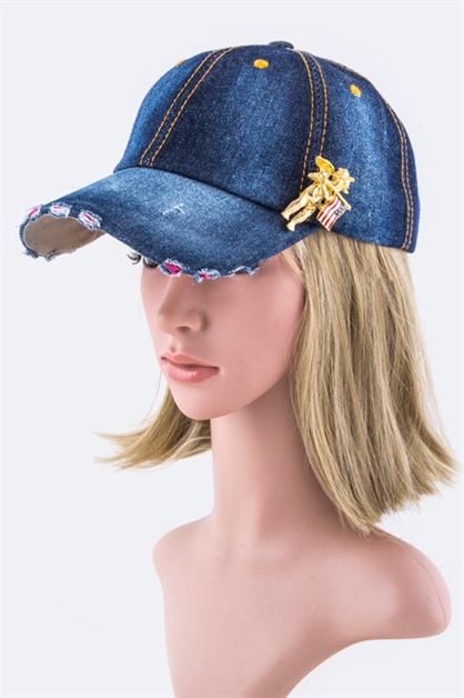 LA JEWELRY PLAZA, Angel  Flag Pinned Denim Cap, 128-35018-BI113