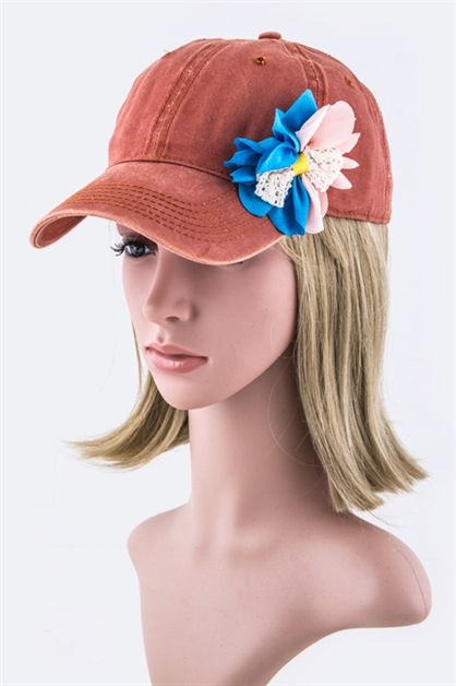 LA JEWELRY PLAZA, Satin Flower Washed Cotton Cap, 128-35019MQ2/MH-SIDE