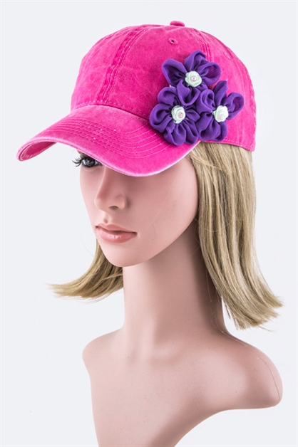 LA JEWELRY PLAZA, Flower Washed Cotton Cap, 128-35019MF059/MH-SIDE