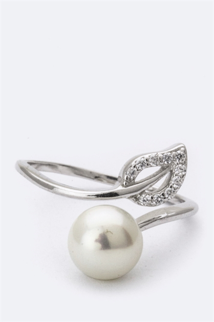 LA JEWELRY PLAZA, CZ Leaf Pearl Ring, 98-EMS0121-BOX4