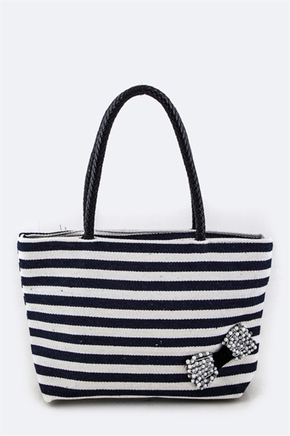 LA JEWELRY PLAZA, Beaded Bow Stripe Canvas Tote, 128-EMB8661-MY