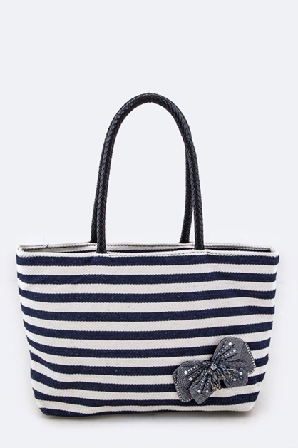 LA JEWELRY PLAZA, Beaded Bow Checker Canvas Tote, 128-EMB8661MG125