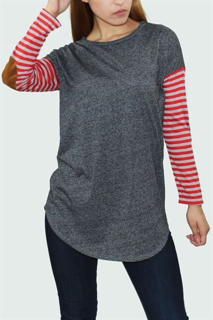 CASA LEE, SOLID TOP WITH STRIPE SLEEVE, T-4696A