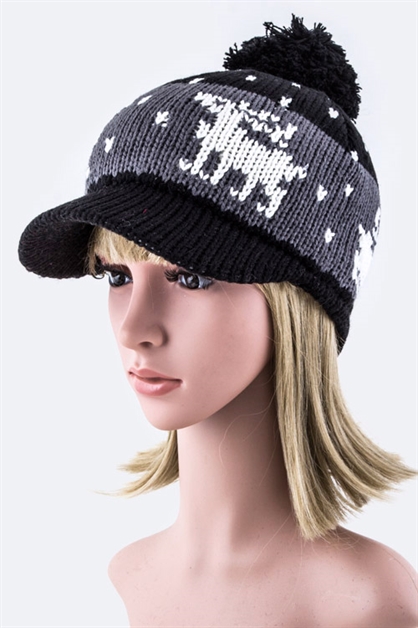 LA JEWELRY PLAZA, Reindeer Visor Pom Pom Beanie, 128-EMH8514/MB029