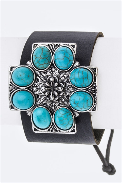 LA JEWELRY PLAZA, Turquoise Cross Leather Cuff, 51-JB6326/AD561