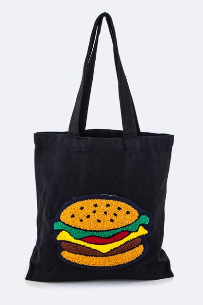 LA JEWELRY PLAZA, Raised Hamburger Patch Canvas Tote, 128-EMB8858-ME033
