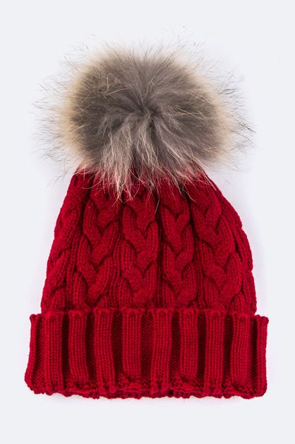 LA JEWELRY PLAZA, Raccoon Fur PomPom Cable Knit Beanie, 128-EMH8571--MX012