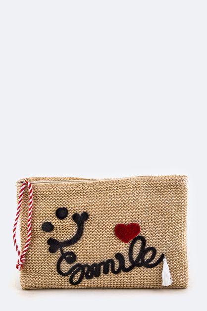 LA JEWELRY PLAZA, Smile Embroidery Straw Pouch, 128-EMB8951-MT-I