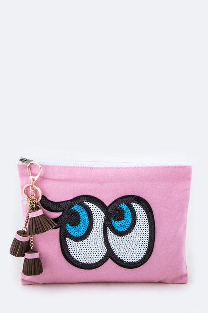 LA JEWELRY PLAZA, Sequins Eyes Tasseled Canvas Pouch, 128-EMB8826-EYE/MC036-038