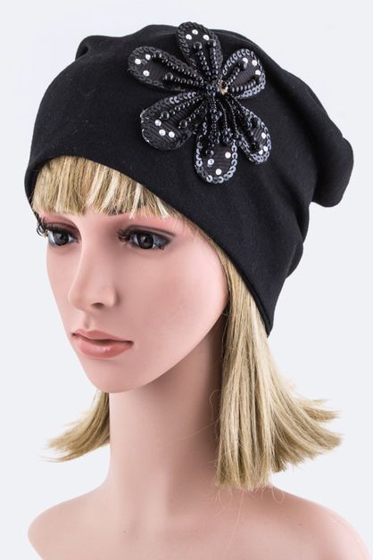 LA JEWELRY PLAZA, Beaded Flower Jersey Knit Beanie, 128-EMH1026-MG043-045