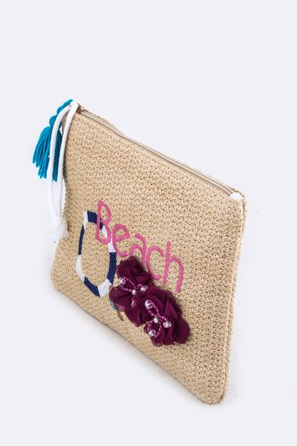 LA JEWELRY PLAZA, Beach Embroidery Floral Straw Pouch, 128-EMB8891-MQ033