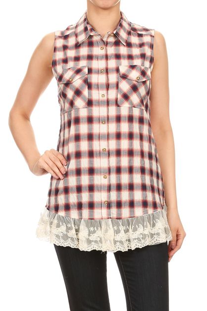 BAGEL, PLAID FRONT POCKET LACED-HEM TOP HT, HT-238-NAVY-RED