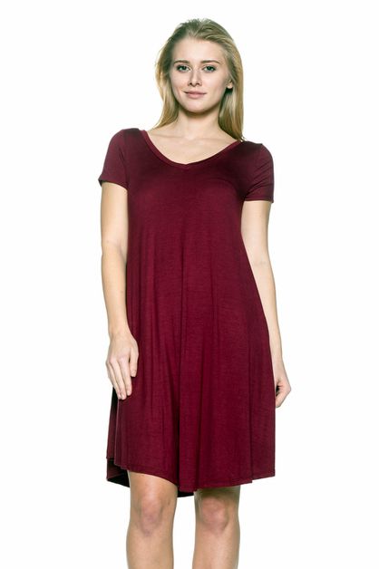 BAGEL, CAP SLEEVE SOLID DRESSES 1002-BURGUN, 1002-BURGUNDY