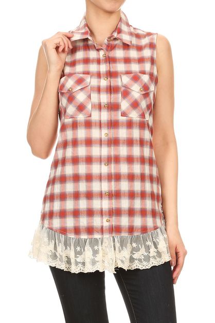 BAGEL, PLAID FRONT POCKET LACED-HEM TOP HT, HT-238-NAVY-RUST