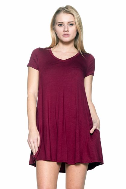 BAGEL, CAP SLEEVE SOLID DRESSES, 1001-BURGUNDY