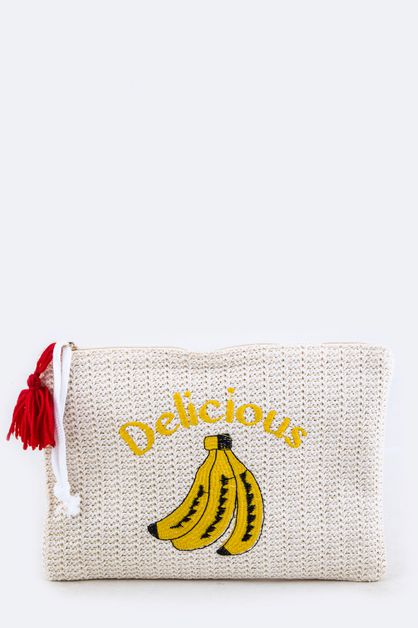 LA JEWELRY PLAZA, Banana Embroidery Straw Pouch, 128-EMB8890/MR-F