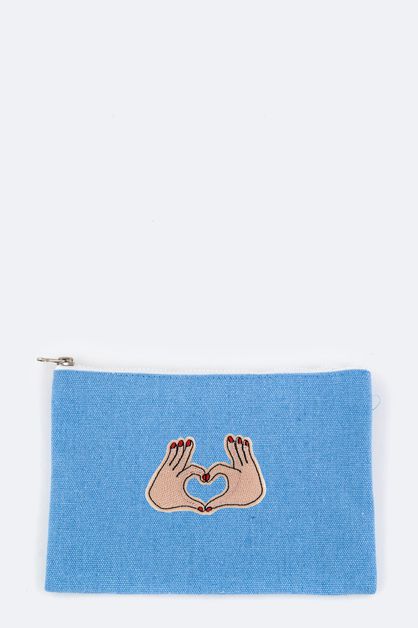 LA JEWELRY PLAZA, Heart Hand Sign Canvas Mini Pouch, 128-EMB0994M-MAKE