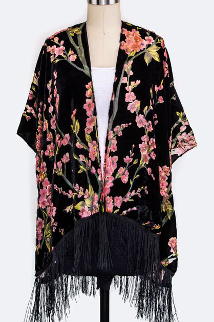 LA JEWELRY PLAZA, Velour Floral Fringe Kimono Cardigan, 99-PN399X002-MB020