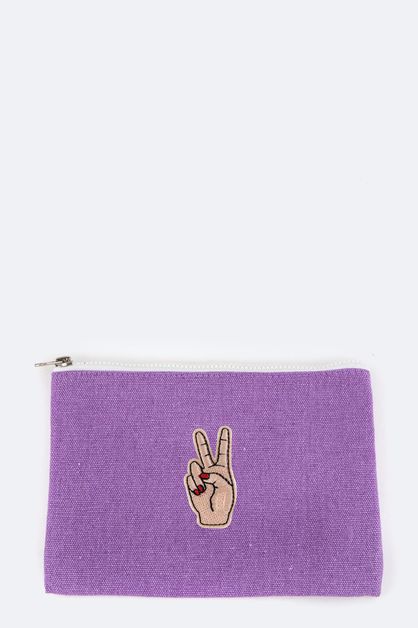 LA JEWELRY PLAZA, V-Sign Patched Canvas Mini Pouch, 128-EMB0990Q-MAKE