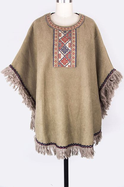 LA JEWELRY PLAZA, Embroidered Wool Blend Fringe Poncho, 103-M138-ME012