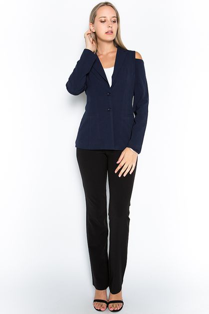 DAZZ, Solid tropical cold shoulder blazer, D51106-NAVY