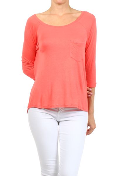 BAGEL, SOLID COLOR 3-QTR SLV BASEBALL TEE, PRR-8404-CORAL