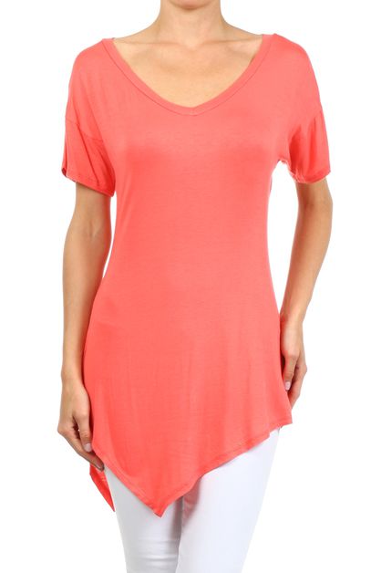 BAGEL, DEEP V-NECK ASYMMETRIC HEM TOP, PRR-8489-CORAL_R