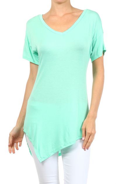BAGEL, DEEP V-NECK ASYMMETRIC HEM TOP, PRR-8489-MINT_R