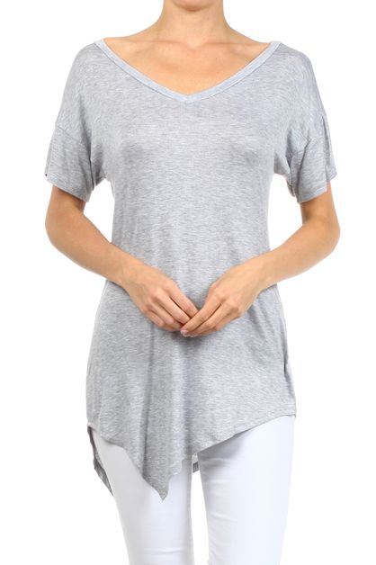 BAGEL, DEEP V-NECK ASYMMETRIC HEM TOP, PRR-8489-GRAY_R
