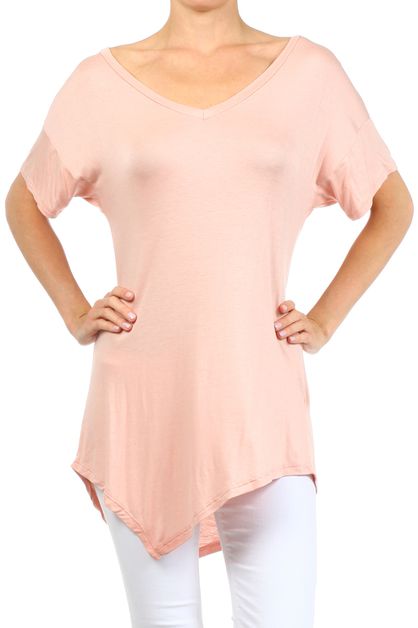 BAGEL, DEEP V-NECK ASYMMETRIC HEM TOP, PRR-8489-PINK_R
