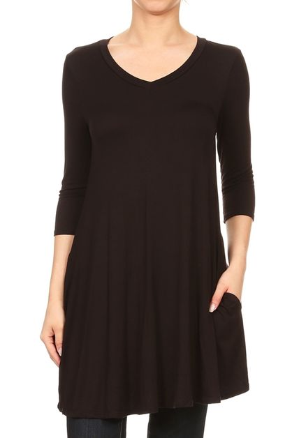 BAGEL, V-NECK 3 QRTR SLEEVE POCKET TUNIC, 1016-BLACK