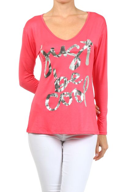 BAGEL, JUST BE COOL PRINT LONG SLEEVE TOP, PRR-8264-CORAL