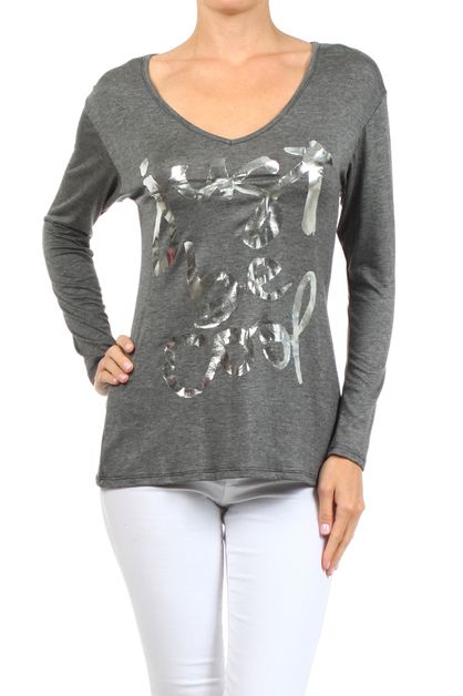 BAGEL, JUST BE COOL PRINT LONG SLEEVE TOP, PRR-8264-CHARCOAL