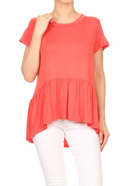 BAGEL, SHORT SLEEVE BABYDOLL HI-LOW TOP, 1020-CORAL-A