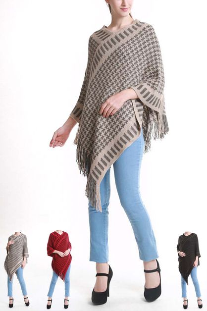 LA JEWELRY PLAZA, Houndstooth Mix Knit Poncho, 124-HN724