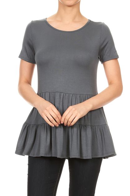 BAGEL, ROUND NECK RUFFLE DETAIL TOP, 4056-TITANIUM-