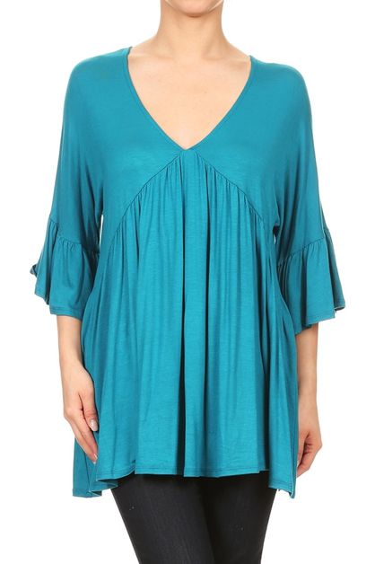 BAGEL, PLEATED BELL SLEEVE V-NECK TOP, 4018-TEAL-BLUE-