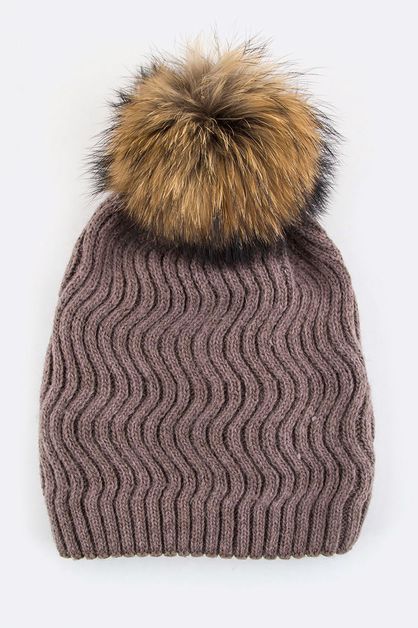 LA JEWELRY PLAZA, Raccoon Fur PomPom Chevron Beanie, 128-EMH8578-MS-S