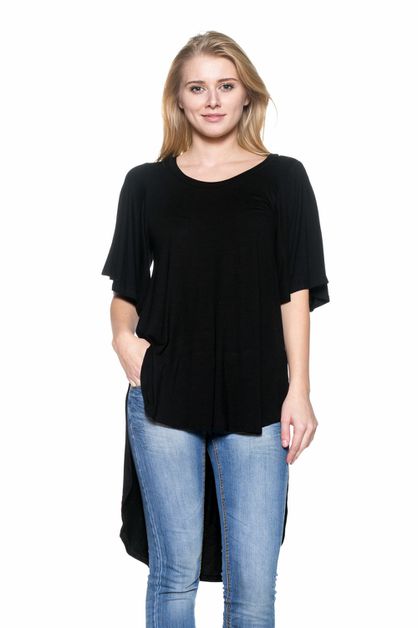BAGEL, DRAMATIC HI LOW HEM ROUND NECK TOP, 4001-BLACK-