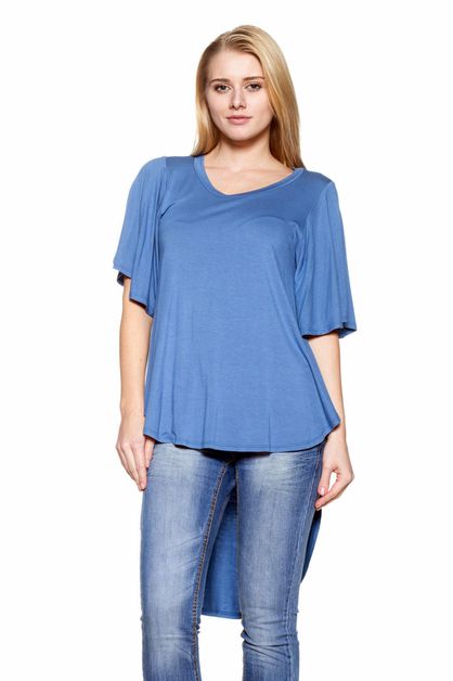 BAGEL, DRAMATIC HI LOW HEM ROUND NECK TOP, 4001-DENIM-BLUE-