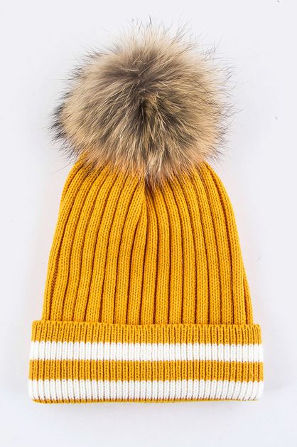 LA JEWELRY PLAZA, Raccoon Fur PomPom Stripe Hem Beanie, 128-EMH8622-MD001
