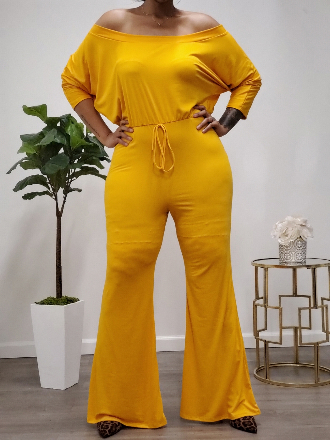 yellow off shoulder jumpsuit